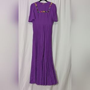Vintage 70s Purple Maxi Dress with Pleated Skirt Size Medium